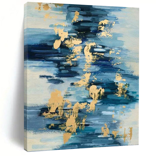 “Blue - Gold Fluid Reflections” - Blue, White & Gold Abstract Water - Inspired Painting On Canvas DKH0931