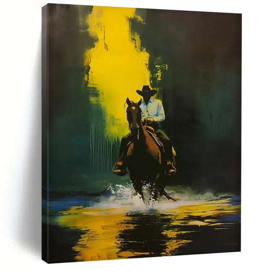 “Cowboy on Horse in Yellow - Green” - Dramatic Western - Inspired Painting On Canvas DTP104