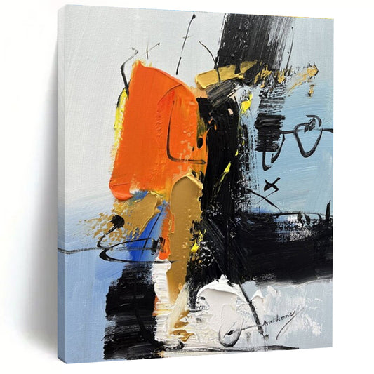 Orange, Black, White, Yellow & Blue Abstract Strokes, “Fiery Harmony” - Impasto Abstract Painting CT0783