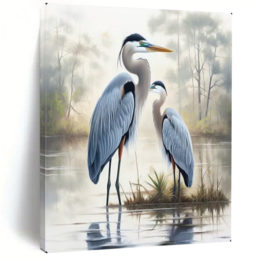 “Blue Herons in Misty Wetland” – Realistic Bird Oil Painting On Canvas CT2129