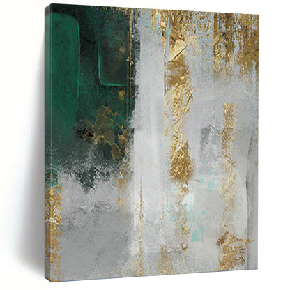 “Gilded Emerald” - Green, Gold & Gray Textured Abstract Painting On Canvas DKH1518