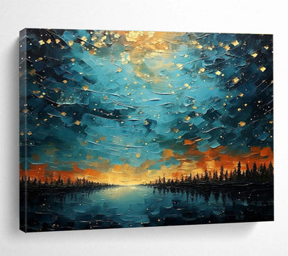 “Starry Lake Vista” - Blue, Gold, Orange Landscape Fantasy Painting On Canvas DKH706