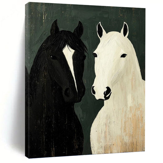 “Two Horses Portrait” - Black, White & Green Folk - Art - Style Painting On Canvas DKH1003