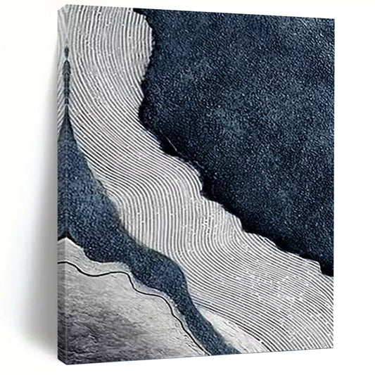 “Rippled River” - Blue, White & Gray Abstract Flowing Lines Painting On Canvas DKH1536