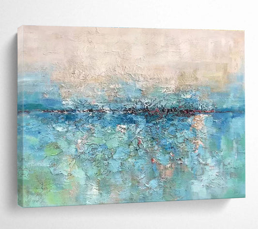 “Blue & Green Textured Waterscape” Impasto Landscape Painting On Canvas DKH355
