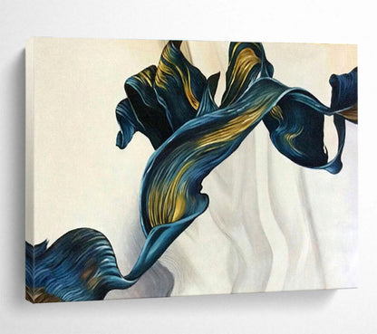 Blue and Gold Ribbon - Like “Ethereal Fabric Flow” Painting On Canvas DKH160