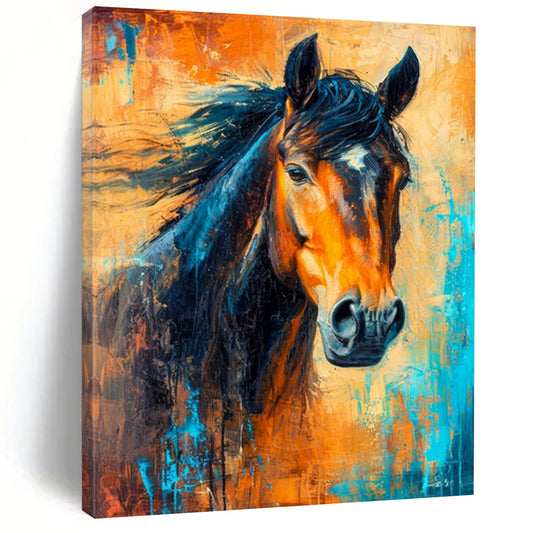 “Dynamic Horse Portrait” - Orange, Blue & Black Equine Painting On Canvas CT2210
