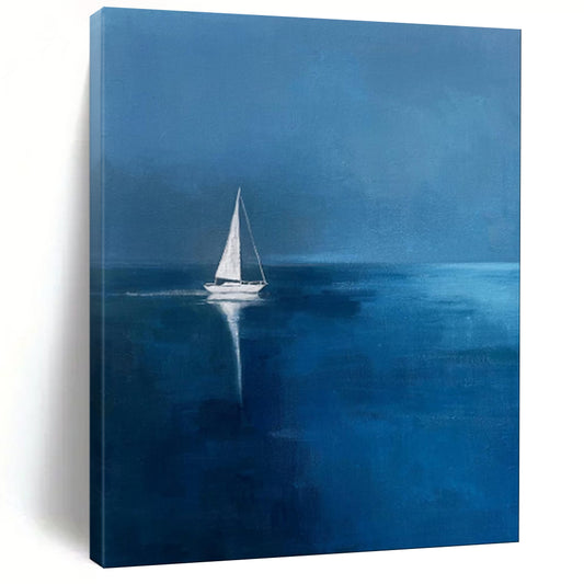 “Midnight Sail: Solitary Boat on Blue” - Minimalist Nautical Oil on Canvas CT1877