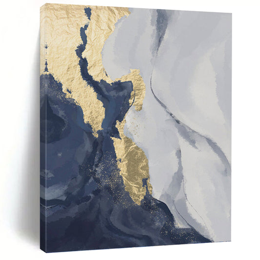 “Gilded Currents” - Blue, Gold & Gray Abstract Waves Painting On Canvas DKH1514