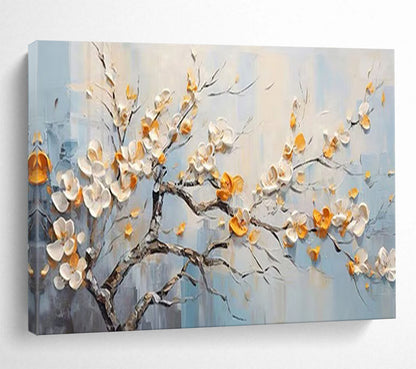 Blooming Tree with White and Orange Flowers - Impasto Floral Painting On Canvas DLZ202
