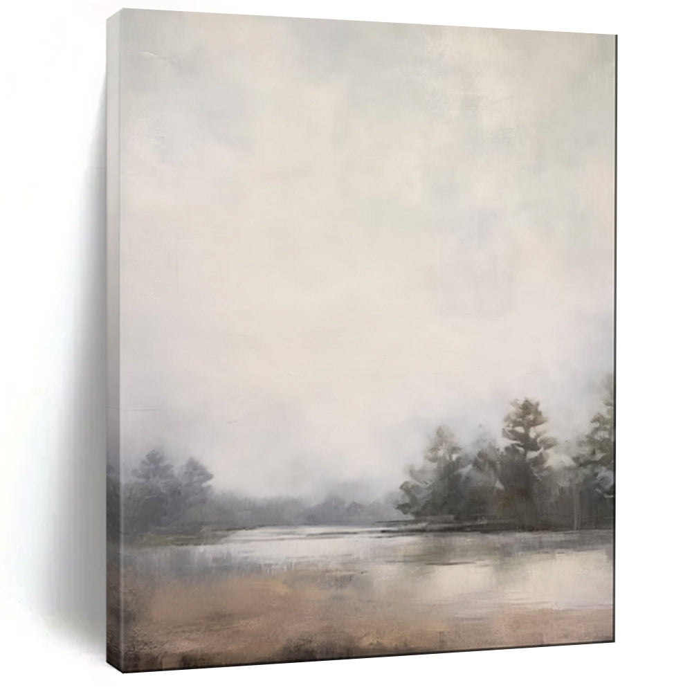 “Expansive Lake Mist” – Impressionistic Landscape Oil Painting with Hazy Gray Tones CT2057