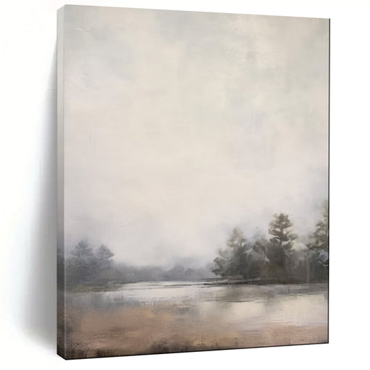 “Expansive Lake Mist” – Impressionistic Landscape Oil Painting with Hazy Gray Tones CT2057