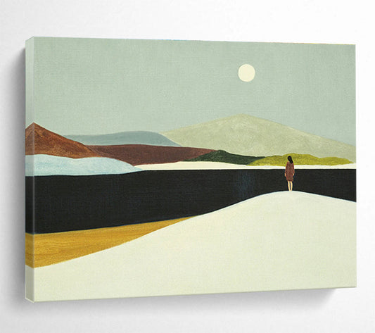 “Moonlit Wanderer” - Green, Brown, White Minimalist Landscape Painting On Canvas DKH739