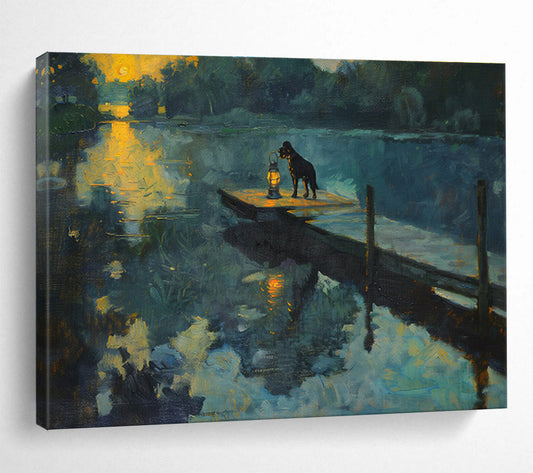 Dog by Lantern at Sunset River Realistic Painting On Canvas DKH221