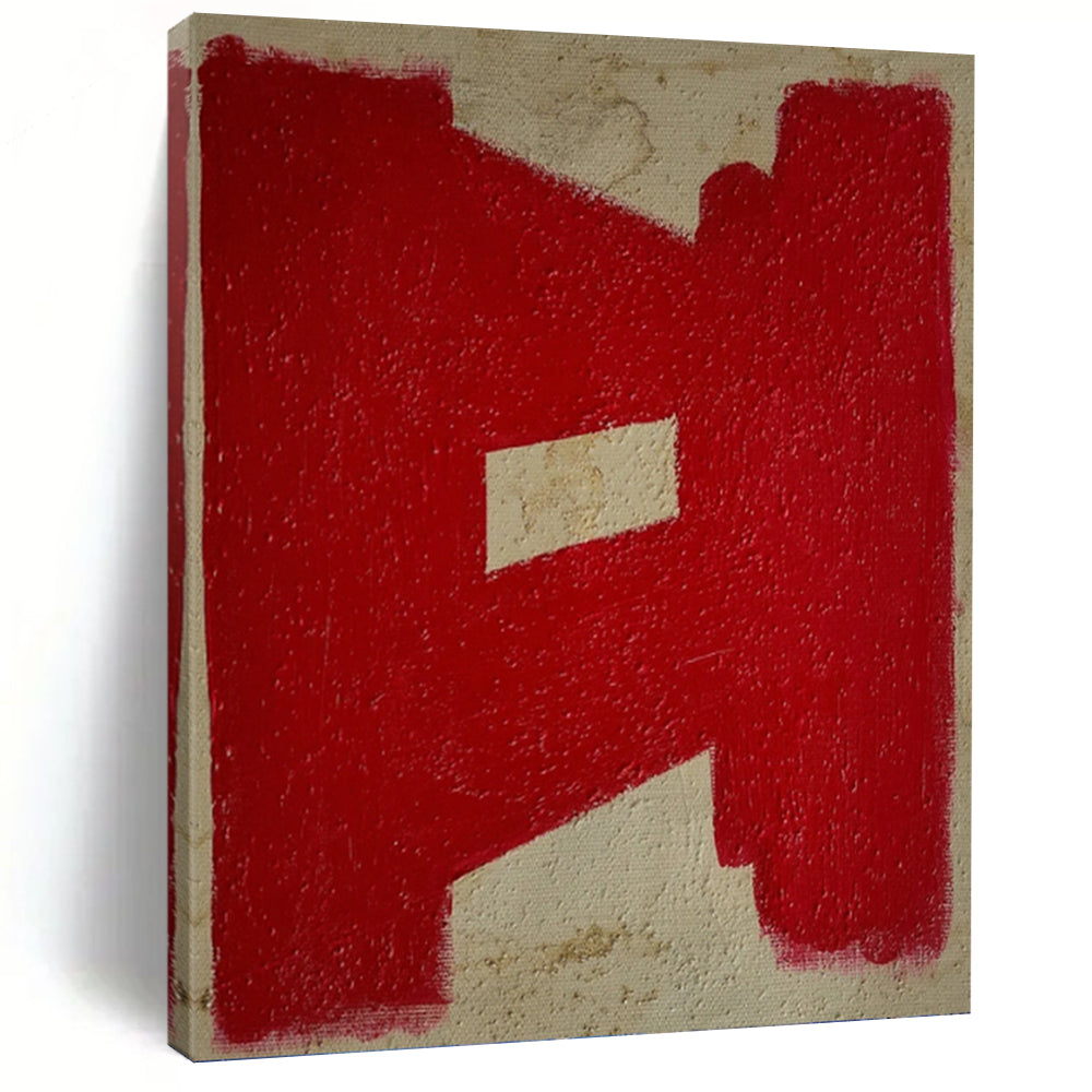 “Red Geometric Shape on Beige” - Minimalist Abstract Painting On Canvas DKH1076