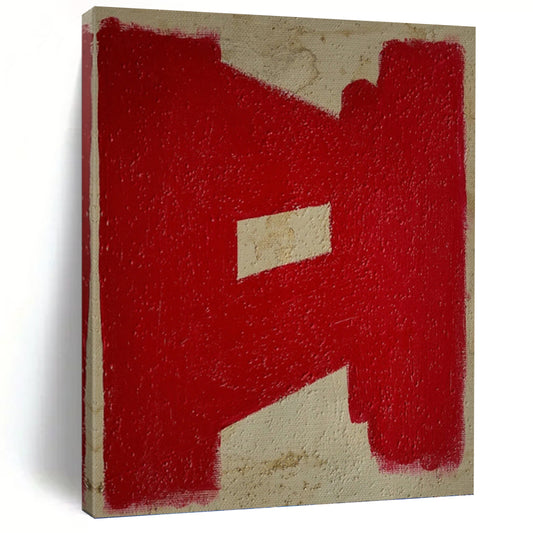 “Red Geometric Shape on Beige” - Minimalist Abstract Painting On Canvas DKH1076
