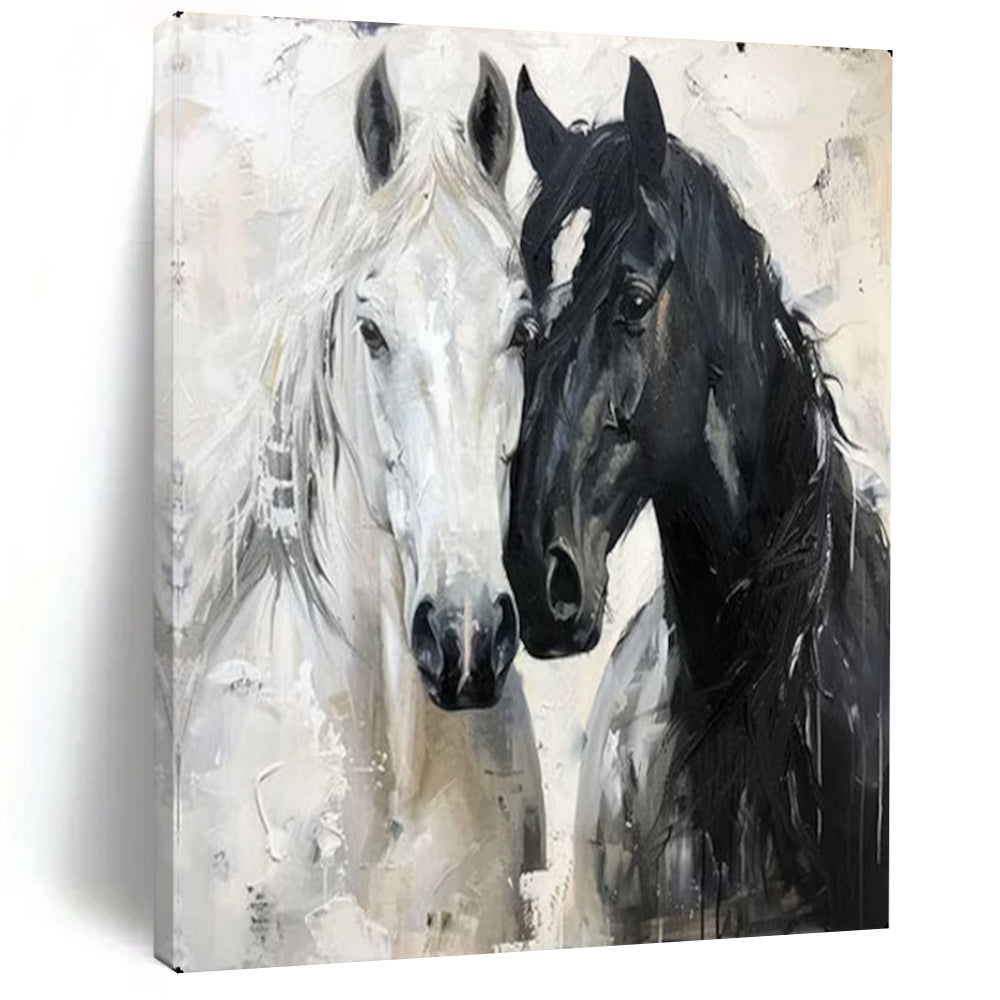 “Black & White Equine Bond” – Impasto Animal Painting On Canvas CT2122