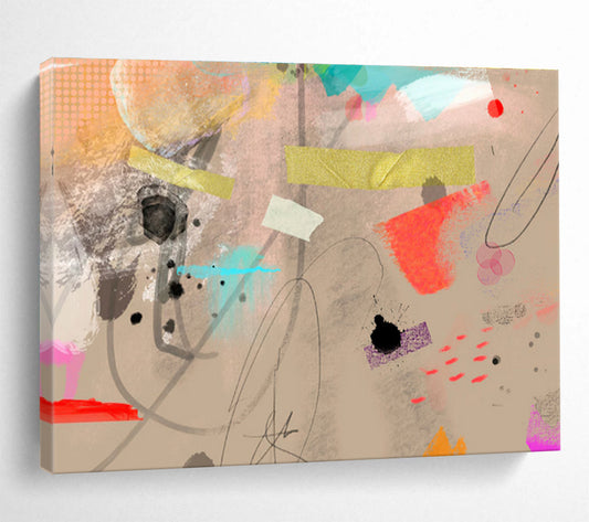 Eclectic Ink & Color Beige Colorful Splashes & Lines Painting On Canvas DKH204