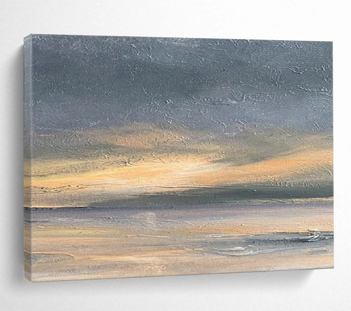 “Gray, Orange, Serene ‘Sunset Shore’” - Abstract Seascape Painting On Canvas DLZ016