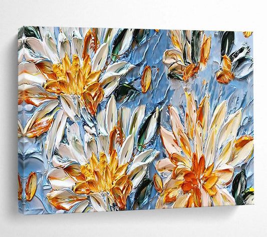 Yellow & White Floral Textures - Blue, Yellow & White Botanical Painting On Canvas DKH896