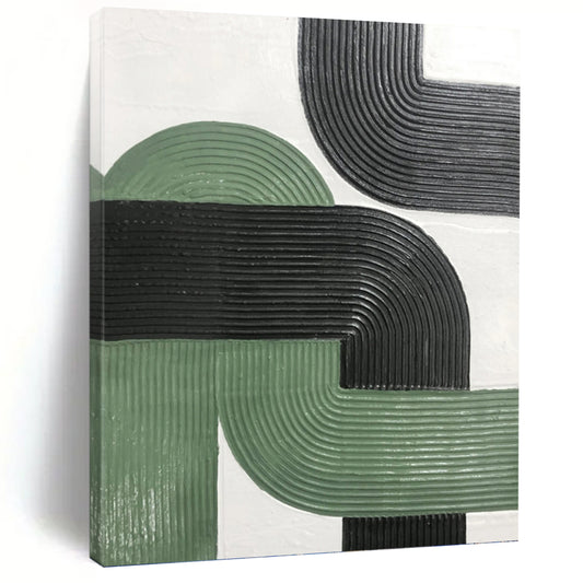 “Intertwined Paths” - Green & Black Ribbed Geometric Painting On Canvas DKH1171