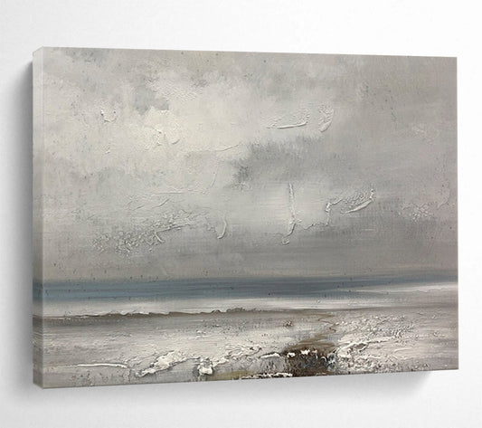 “Textured Gray Seaside” - Gray & Blue Impasto Coastal Painting On Canvas DLZ265