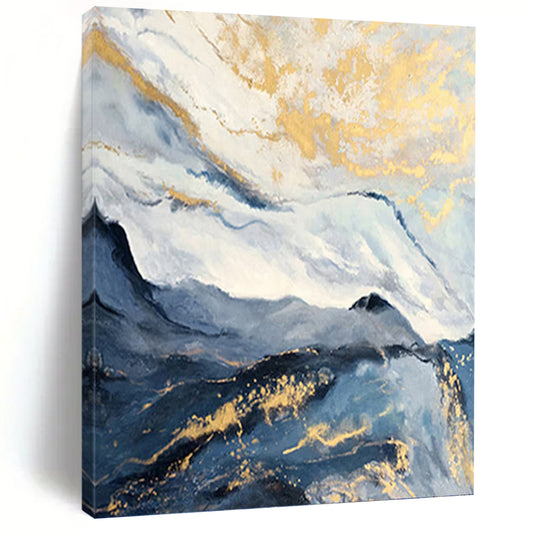 “Blue - Gray Mountain with Gold Streaks” - Blue, Gray & Gold Abstract Landscape Painting On Canvas DKH0943