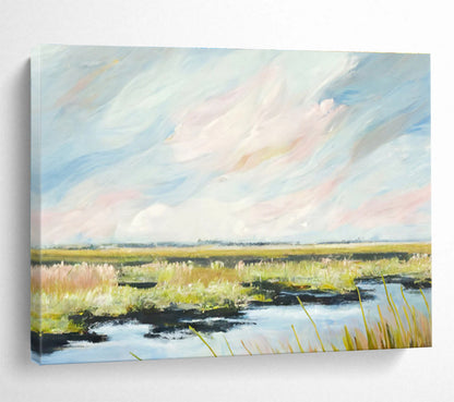 Serene Marshland Under Soft Sky Painting On Canvas DKH664