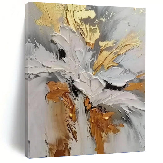 Gold, Gray and White Floral Impasto - Textured Flower Painting On Canvas DKH1386