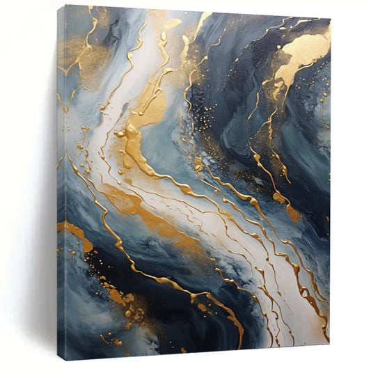 “Blue & Gold Marbled Flow” - Fluid Abstract Painting On Canvas DKH1599