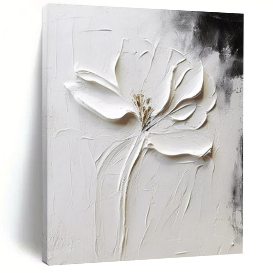 “Sculpted White Flower” - Black & White Floral Painting On Canvas CT2217