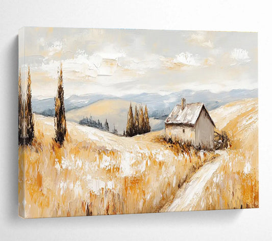 “Golden Field & Cottage” Landscape Oil Painting On Canvas DKH461
