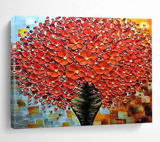 Red Flower Tree in Vase - Impasto Floral Painting On Canvas DLZ226