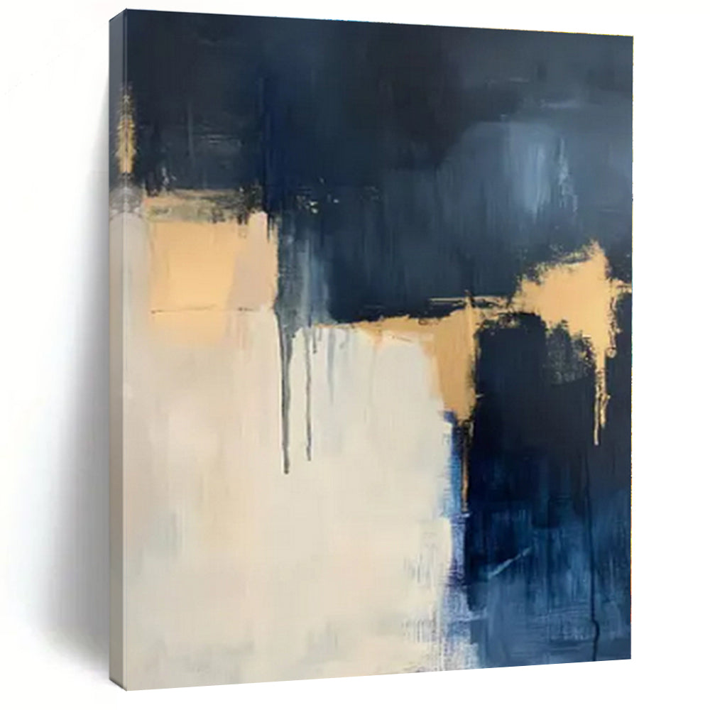 Navy, Gold & White Layers - Abstract Expressionist Acrylic On Canvas CT1310