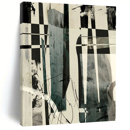 “Checkerboard Abstract Fusion” - Black, White, Gray Abstract Painting On Canvas DTP218