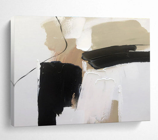 Minimalist Black and Beige Abstract Painting On Canvas DKH313
