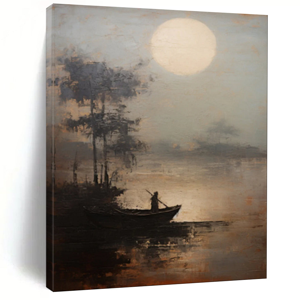 “Moonlit Lake Fisherman” – Atmospheric Landscape Oil CT2094