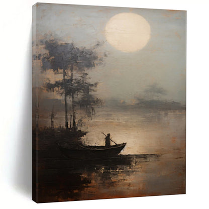 “Moonlit Lake Fisherman” – Atmospheric Landscape Oil CT2094