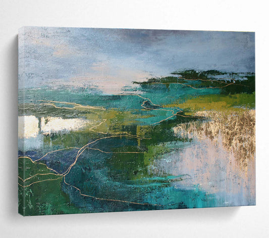 Green and Blue Abstract Landscape with Gold “Ethereal Nature’s Veins” Painting On Canvas DKH127