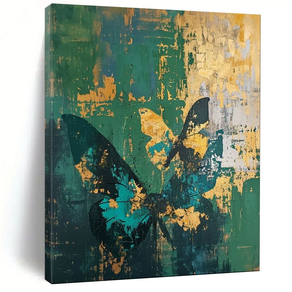“Emerald Butterflies on Distressed Green” - Textured Mixed - Media Art on Canvas CT1883