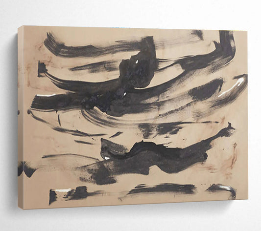 “Ink - Wash Abstraction” - Black, Beige Minimalist Brushstroke Painting On Canvas DKH735