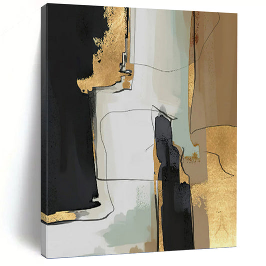 “Gilded Urbanity” - Black, Gold, Beige & Green Abstract Cityscape - Inspired Painting On Canvas DKH1524