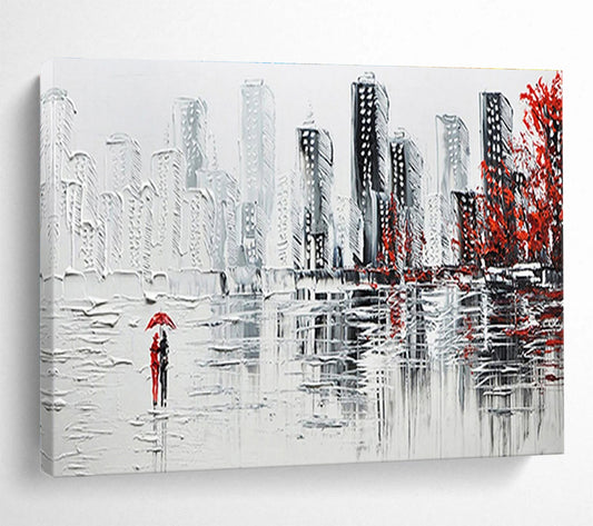 Cityscape with Red Accents - Gray, White & Red Urban Painting On Canvas DKH886