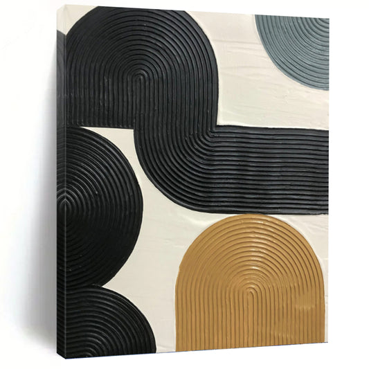 “Interlocking Ribbon Forms” - Black & Tan Textured Geometric Painting On Canvas DKH1178