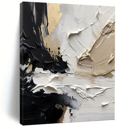 “Black, White & Gold Textured Drama” - Black, White, Gold & Gray Impasto Painting On Canvas DKH1025