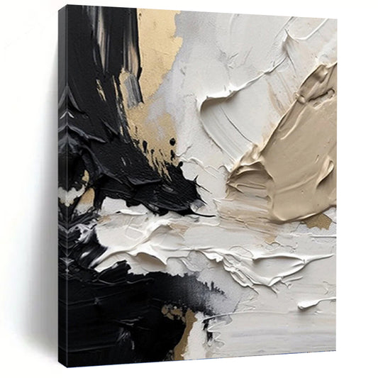 “Black, White & Gold Textured Drama” - Black, White, Gold & Gray Impasto Painting On Canvas DKH1025