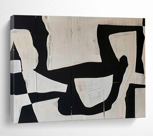 “Black & White Collage Abstraction” - Black, White Minimalist Collage Painting On Canvas DKH745
