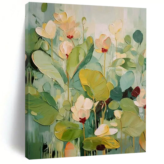 “Textured Flowers 1” - Green & White Floral Painting On Canvas CT2236