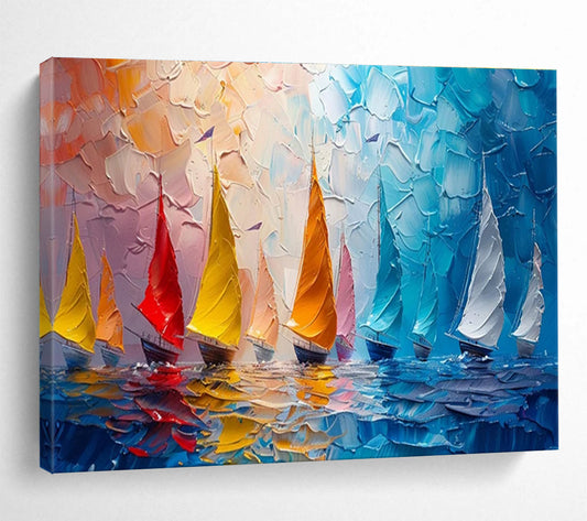 “Colorful Sailboats on Textured Sea” - Energetic Marine Painting On Canvas DKH800