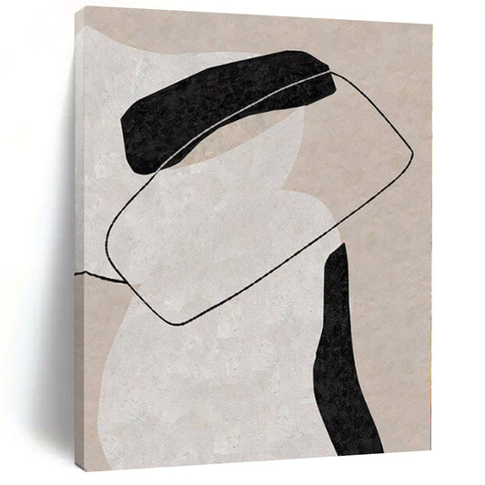 “Beige, Black, and White Interlocking Forms” – Geometric Abstract Painting（Variation） CT1122